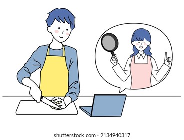Clip art of man cooking while watching video on computer