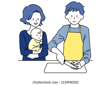 Clip art of man cooking, wife and child watching