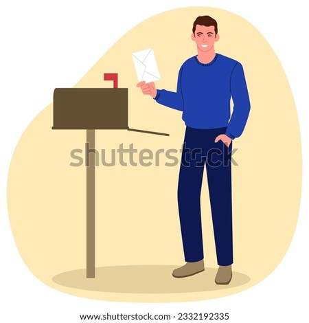 Clip art of a man opened mailbox receiving a letter, vector illustration
