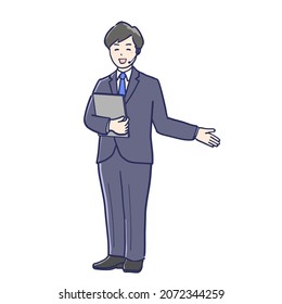 Clip art of a man in a suit explaining with a headset.