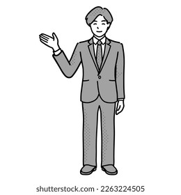 
Clip art of man in suit opening his hand to the side and giving directions Full Image
