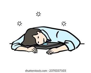 Clip art of man in suit who sleeps so hard he drools on computer as pillow	