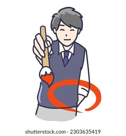 Clip art of man in tie with smile putting red circle with vermilion brush, upper body