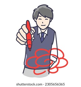 Clip art of man in tie writing flower-shape circle with red pen