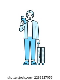 Clip art of a man traveling with a carrying case and passport in his hand.