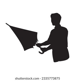 Clip art of man trying to open umbrella upward - black