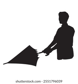 Clip art of man trying to open umbrella - black	