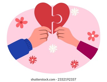 Clip art of a man and woman hand holding each part of puzzle heart symbol, vector illustration