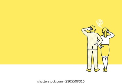 Clip art of man and woman holding their heads in front of a problem. Illustration of a business person standing up to solve a problem.