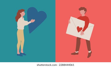 Clip art of man and woman sending love to each other 