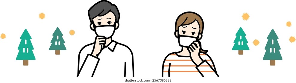 Clip art of man and woman wearing masks who are troubled by hay fever.