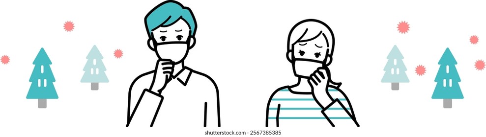 Clip art of man and woman wearing masks who are troubled by hay fever.