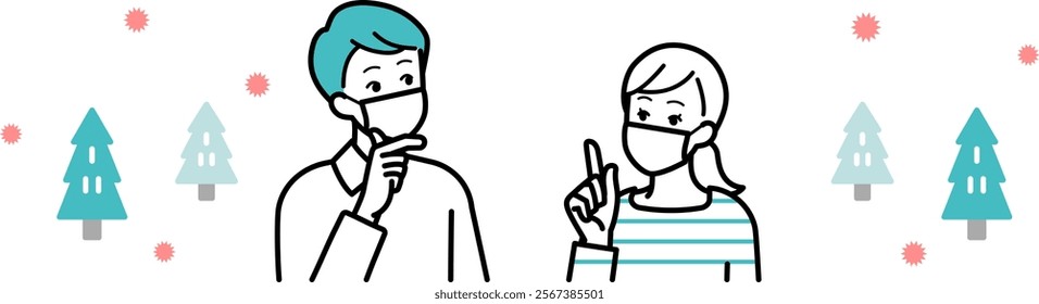 Clip art of man and woman wearing masks thinking about hay fever.