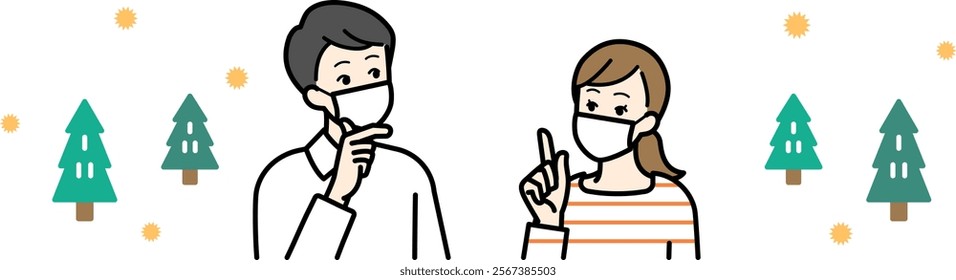 Clip art of man and woman wearing masks thinking about hay fever.