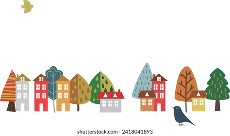 Clip art of many trees and houses and birds in Scandinavian style