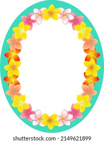 Clip art of marine blue oval frame with plumeria flower decoration