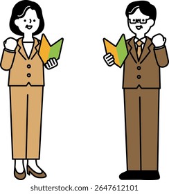 Clip-art de empresário médio e sênior segurando uma marca de iniciante e posando com coragem