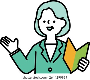 Clip art of middle-aged woman smiling and talking with beginner's mark