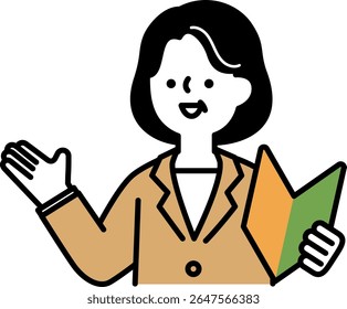 Clip art of middle-aged woman smiling and talking with beginner's mark