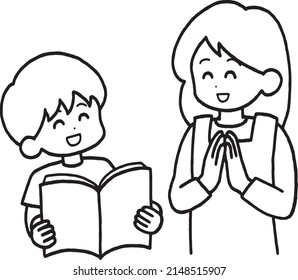 Clip Art Of Mother Praising Her Child, Line Art.