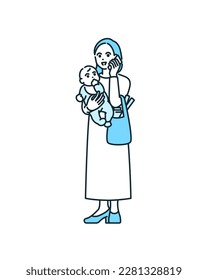 Clip art of mother talking on smartphone while holding baby. Clip art of working mom.