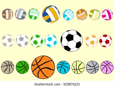 Clip art with multi-colored football volleyball and basketballs