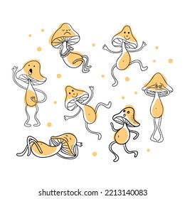 Clip art mushroom set. Champignon characters. Dancing and sleeping funfus. Autumn symbols sketch