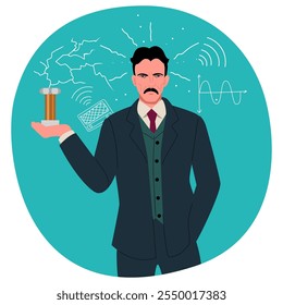 Clip-art de Nikola Tesla, o lendário inventor e pioneiro da eletricidade e tecnologia sem fio. Perfeito para materiais educativos e conteúdos criativos que celebram a ciência e a inovação