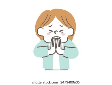 Clip art of office casual businesswoman apologizing with her hands together.