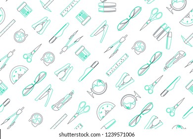 Clip art of office elements arrange on seamless background.