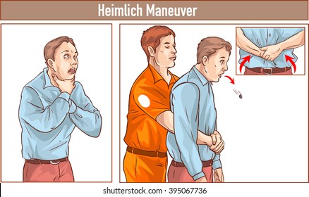 Clip Art of One man stands behind the conscious victim with his hands in the proper position on the victim's abdomen to perform the Heimlich maneuver