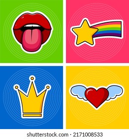 Clip Art. Open Mouth With Tongue, Yellow Crown, Heart With Wings And Rainbow Comet. Stickers On A Colored Background.