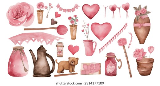 Clip art pack of watercolor bears, hearts, rose bouquets, cakes, cups and vases, romantic decorative pattern elements for wedding birthday celebration Valentine's Day