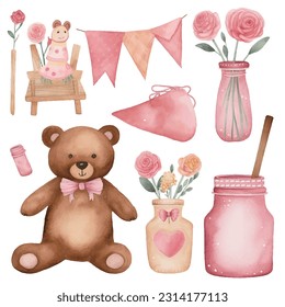 Clip art pack of watercolor bears, hearts, rose bouquets, cakes, cups and vases, romantic decorative pattern elements for wedding birthday celebration Valentine's Day