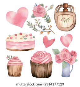 Clip art pack of watercolor bears, hearts, rose bouquets, cakes, cups and vases, romantic decorative pattern elements for wedding birthday celebration Valentine's Day