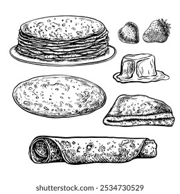 Clip de arte con panqueques. Vector conjunto gráfico de dibujos con panqueques. Ilustración de comida dibujada a mano en blanco y negro. Sobre un fondo blanco. Para menús, carteles, etiquetas, para la receta de cocina, invitación