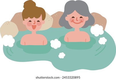 Clip art of parent and child bathing in hot spring