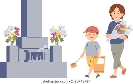 Clip art of parent and child visiting a grave