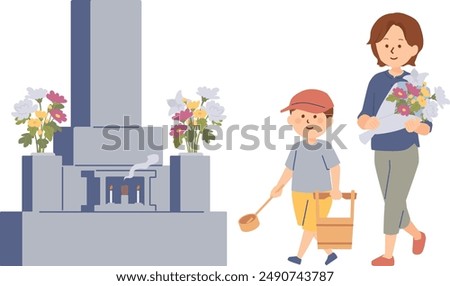 Clip art of parent and child visiting a grave