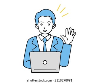 Clip art of a person greeting someone with a laptop