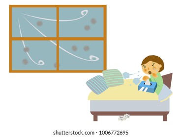 Clip art of a person with poor physical condition.Image of influenza or cold.Image of viral disease.A person with a fever.