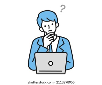 Clip art of a person thinking in front of a laptop