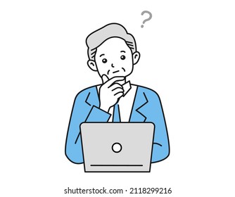 Clip art of a person thinking in front of a laptop