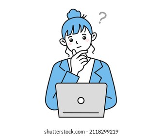 Clip art of a person thinking in front of a laptop