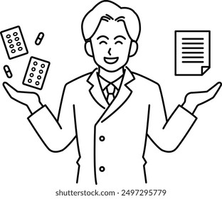 Clip art of pharmacist, medicine and prescription.