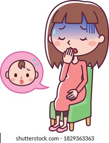 Clip art of a pregnant woman and her worried baby resting on a chair