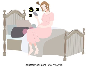 Clip art of a pregnant woman using a smartphone in bed