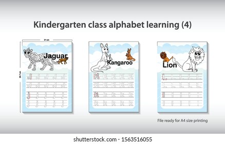 Clip art for preschool, kindergarten kids to improve basic writing skills. Recipe for Learning to write letters. For children and their parents. English alphabet. JKL, Jaguar, Kangaroo, Lion.