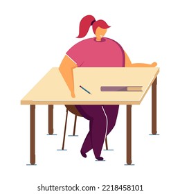 Imágenes prediseñadas de los alumnos de la clase escolar. Niña estudiando para examen, clase de ilustración vectorial plana en el interior. Escuela, concepto de educación para banner, diseño de sitios web o página web de aterrizaje