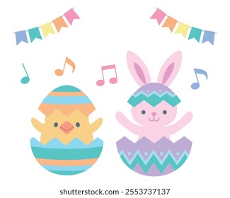 Clip art of rabbit and chick jumping out of Easter egg
